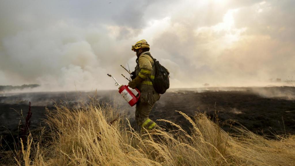 Un bombero trata de extinguir un incendio en Miñambres de la Valduerna (León) el 13 de agosto de 2025.