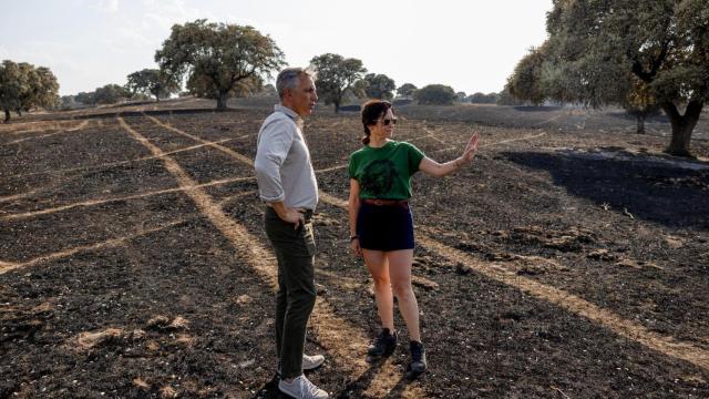 Isabel Díaz Ayuso junto a Carlos Novillo, en la zona quemada de Tres Cantos.