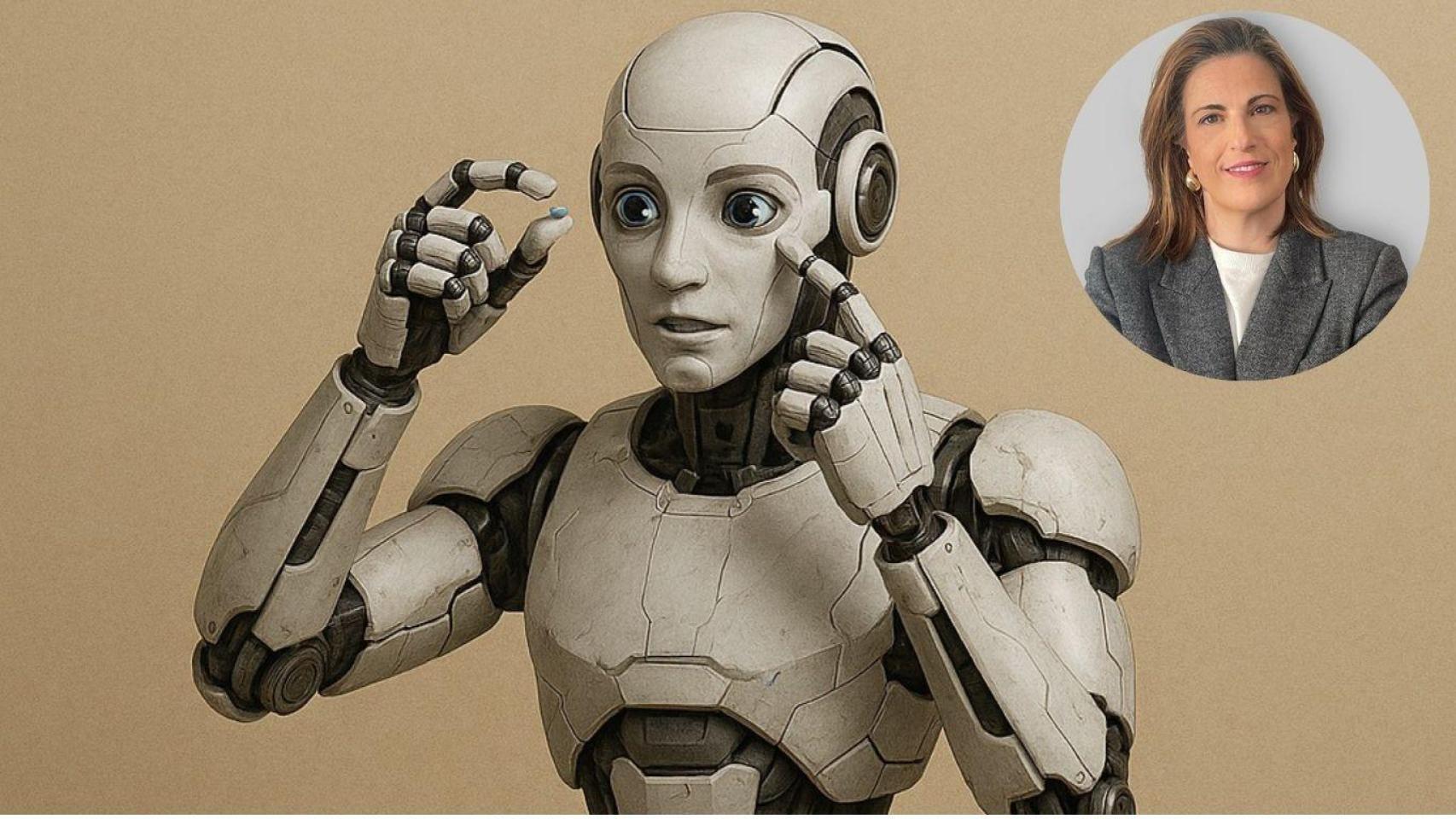 Fotomontaje de Carmen Díaz Soloaga y un robot con una lentilla en la mano.