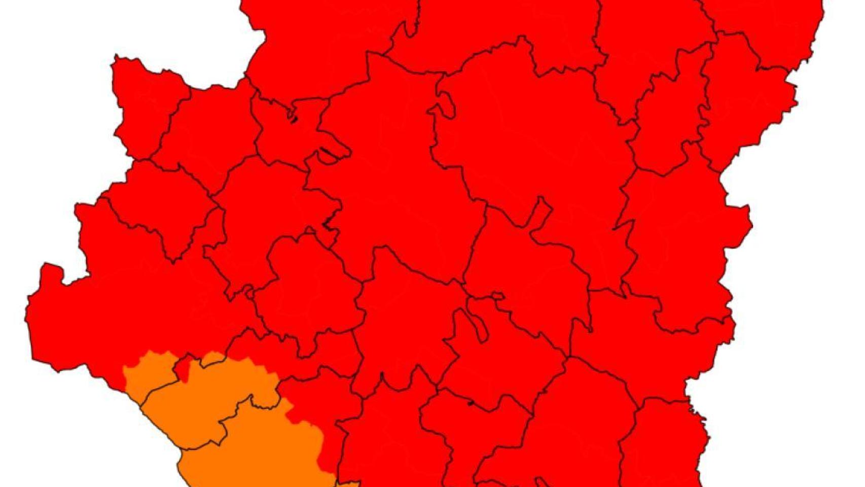 El mapa de Aragón, prácticamente entero de rojo por riesgo de incendios.