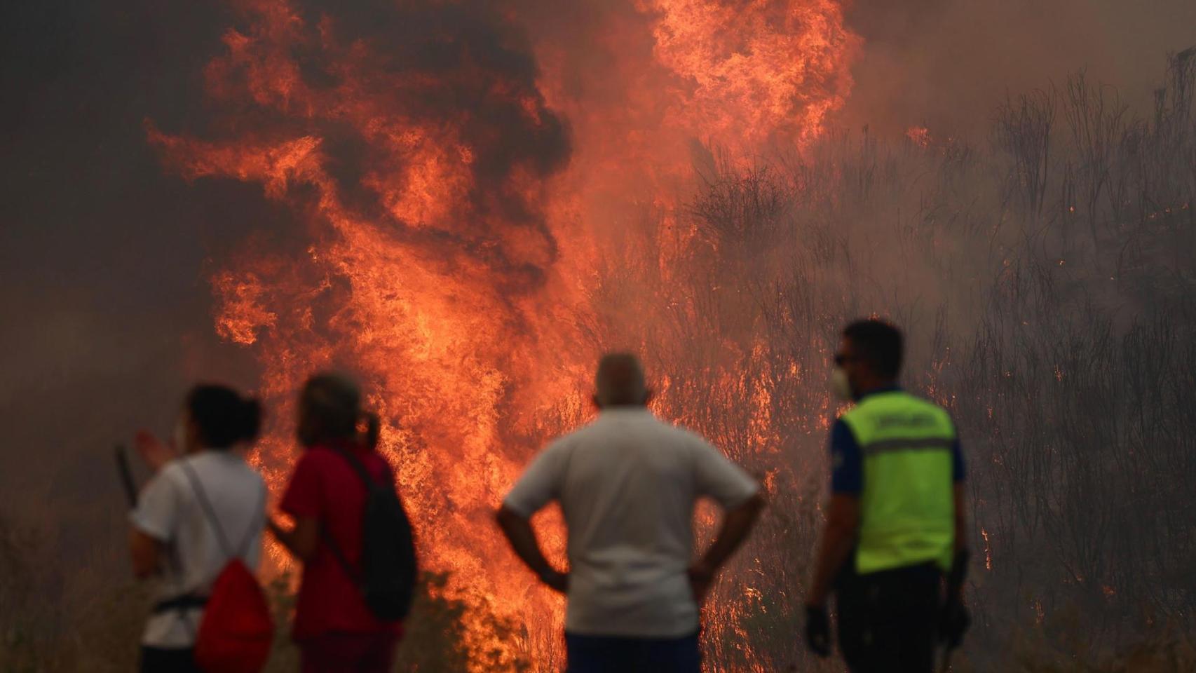 Varias personas luchan contra las llamas del incendio de A Gudiña (Ourense), este jueves.