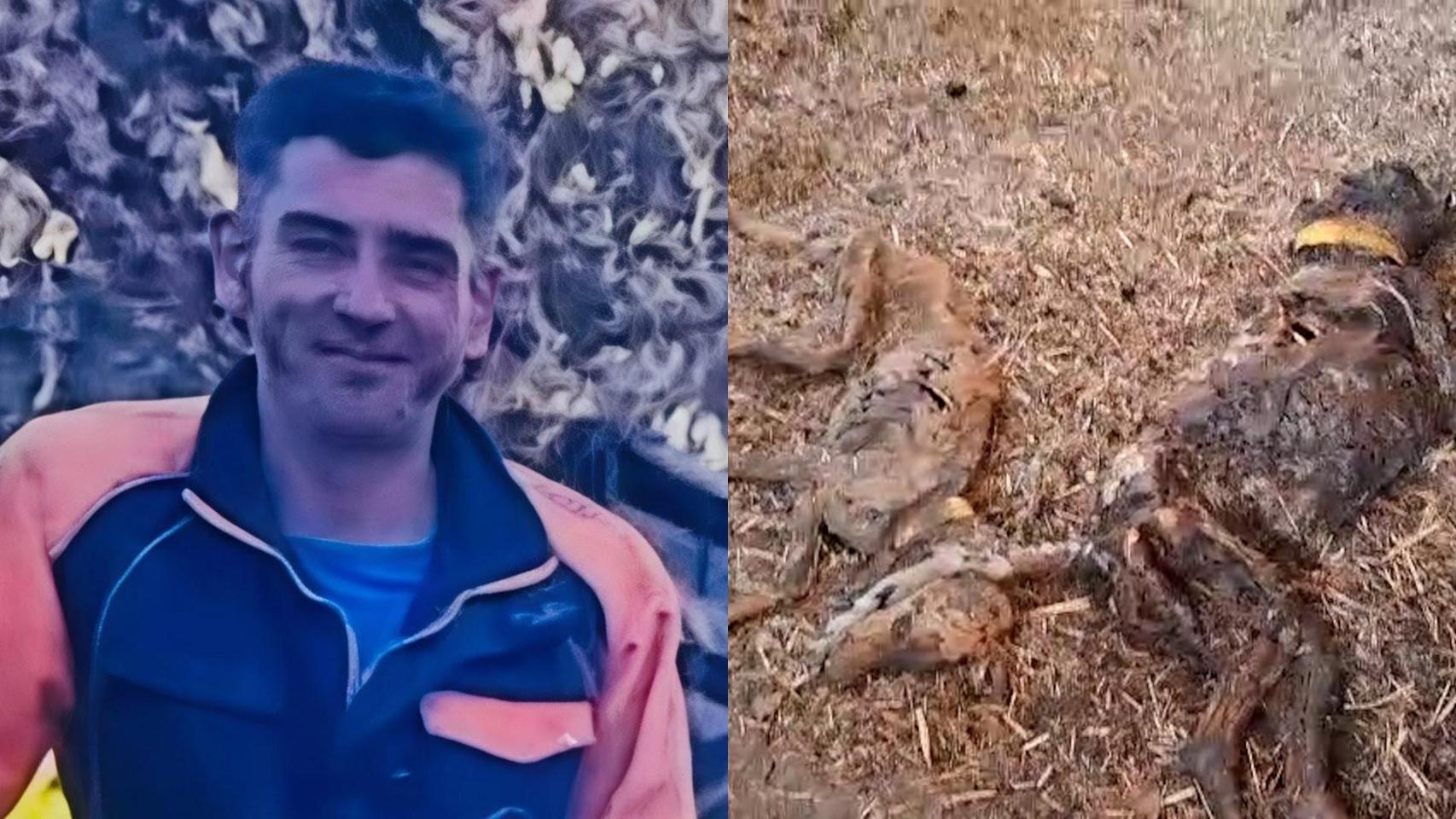 Antonio Sánchez, alias 'El Patillas', y los perros hallados muertos en su finca de Azuaga (Badajoz).