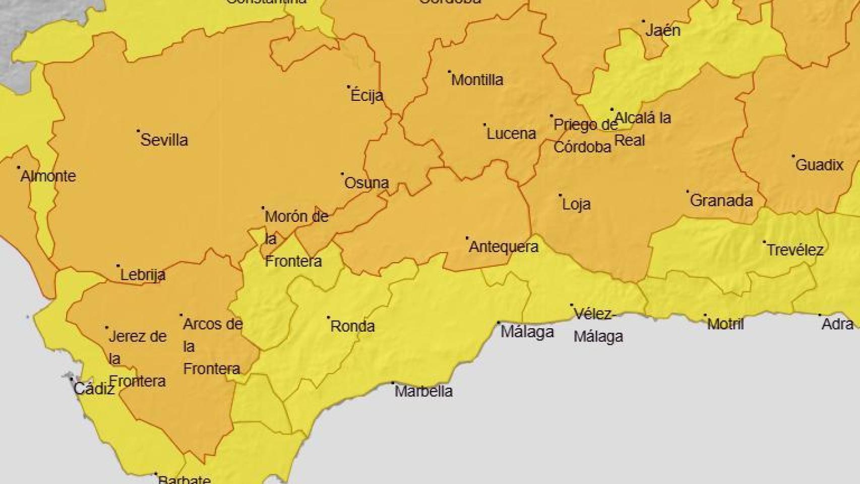 Mapa con los avisos por calor para este lunes en Andalucía.