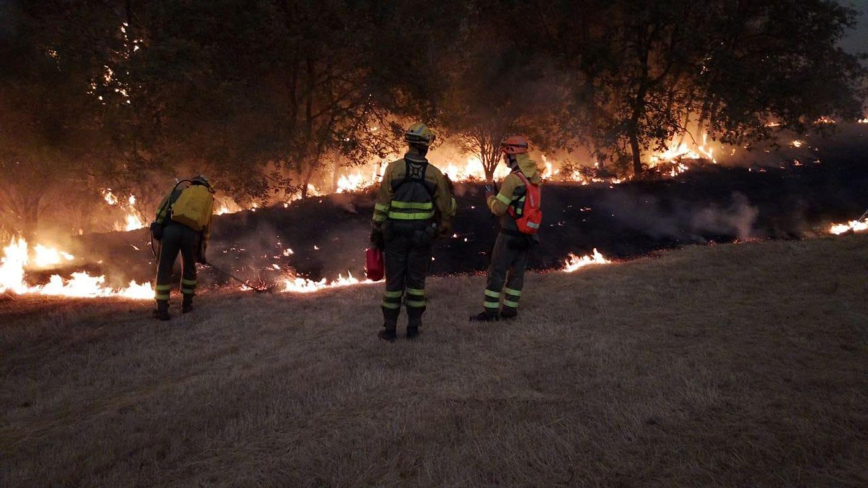 Miembros del servicio de Medio Ambiente de la Junta ejecutan cortafuegos en el incendio entre Zamora y Ourense