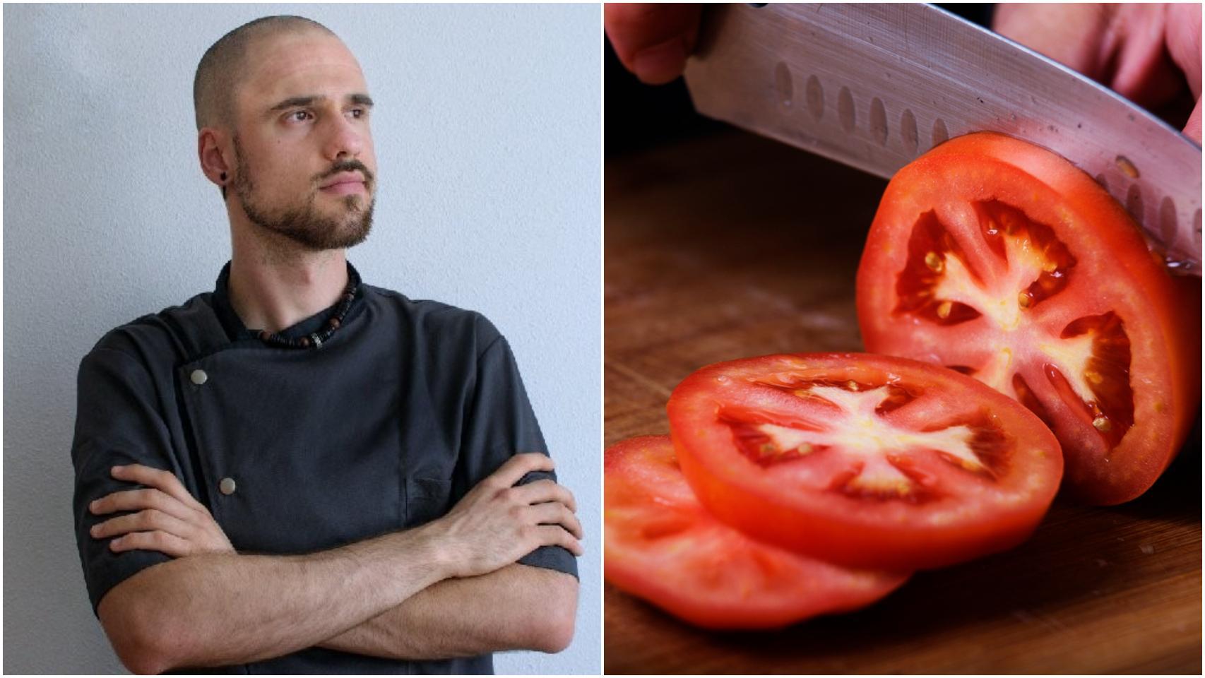 Montaje con el chef David Guibert y, a su lado, varios tomates frescos.