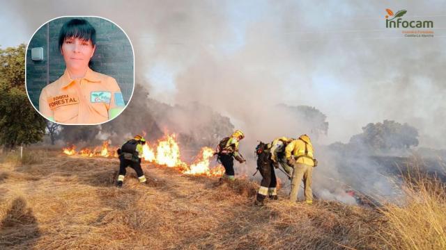 Montaje de la bombera forestal de INFOCAM, Vanesa Molina, con una imagen de un incendio.