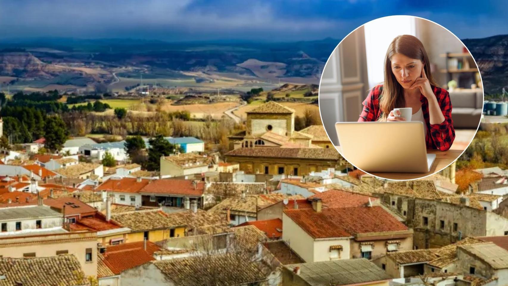 Montaje de una mujer teletrabajando con una imagen de Huete (Cuenca).