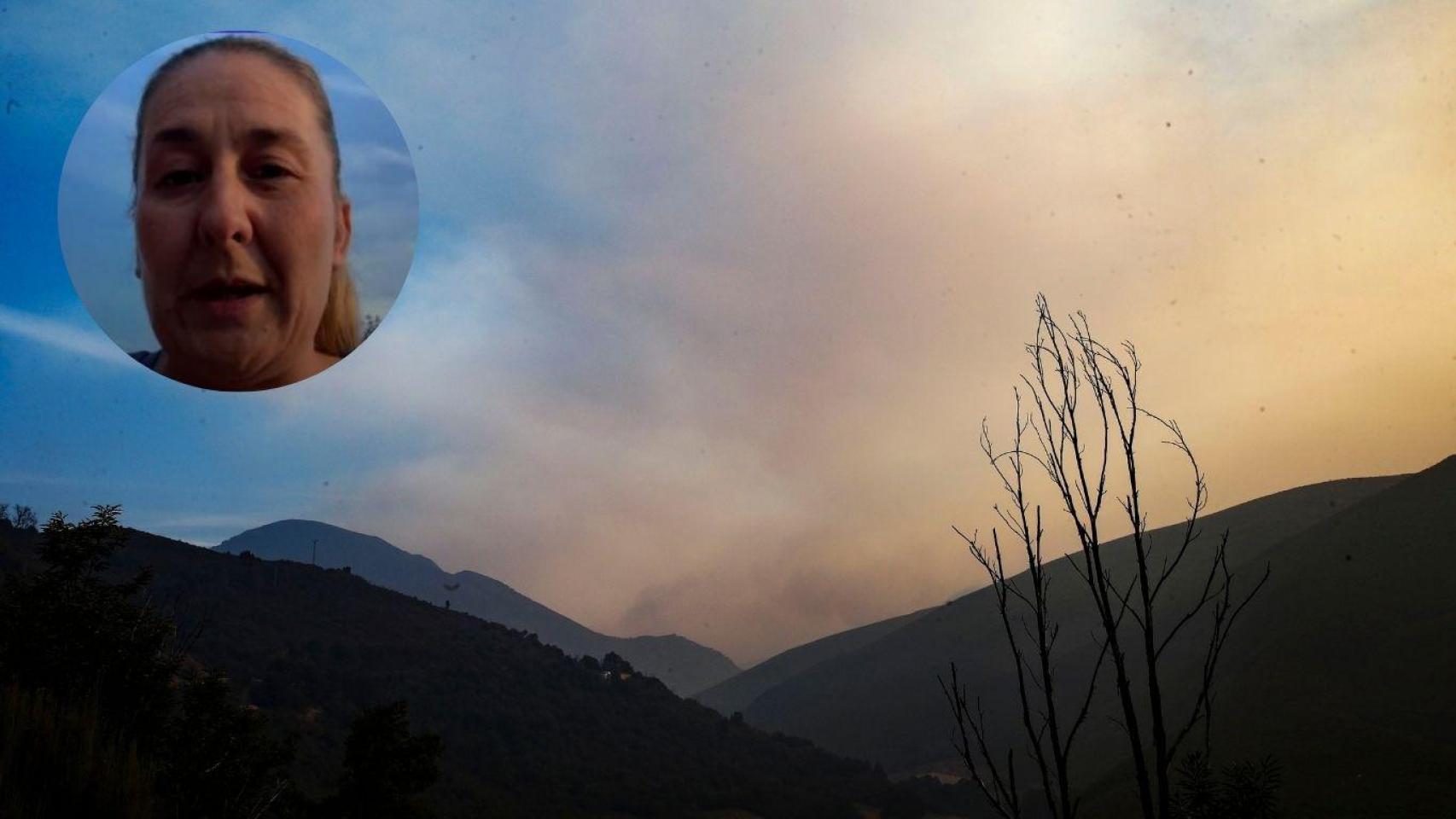 Fotomontaje de Rosi y una vista desde Fabero (León) del humo procedente de un incendio descontrolado en Anillares del Sil.