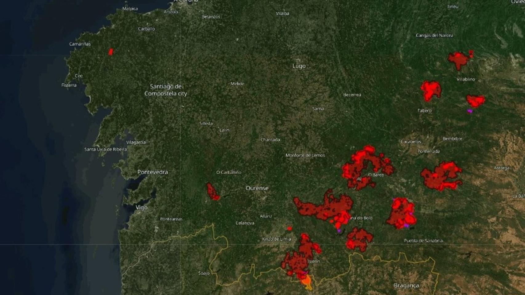 Mapa de superficie quemada por incendios forestales en Galicia, según el sistema de información EFFIS de la UE (programa Copernicus) este miércoles.