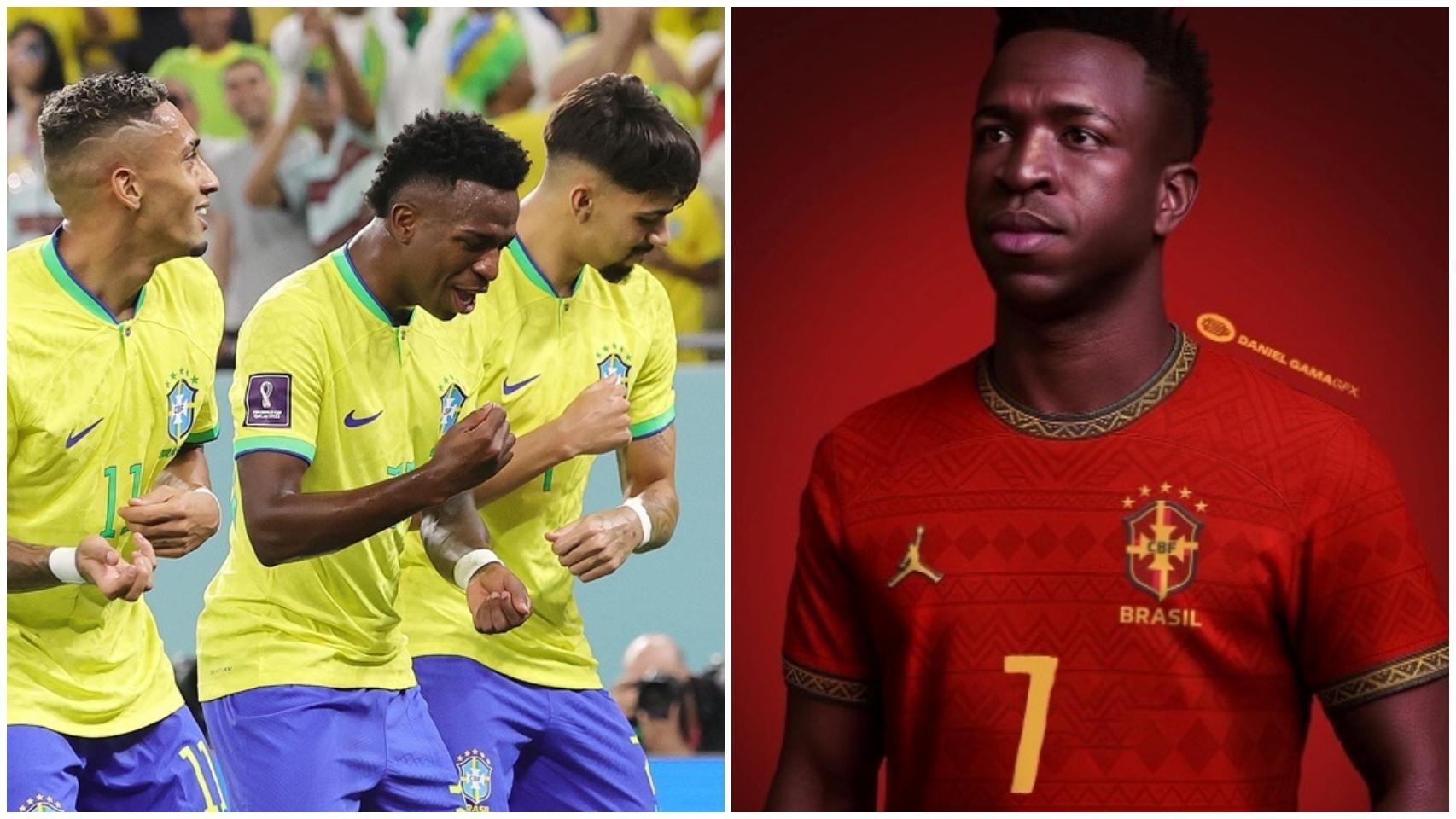 La selección de Brasil y una recreación de la camiseta roja