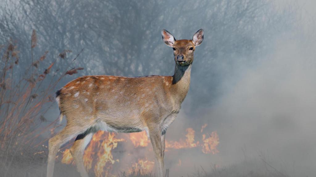 Un ciervo en frente de un bosque en llamas.