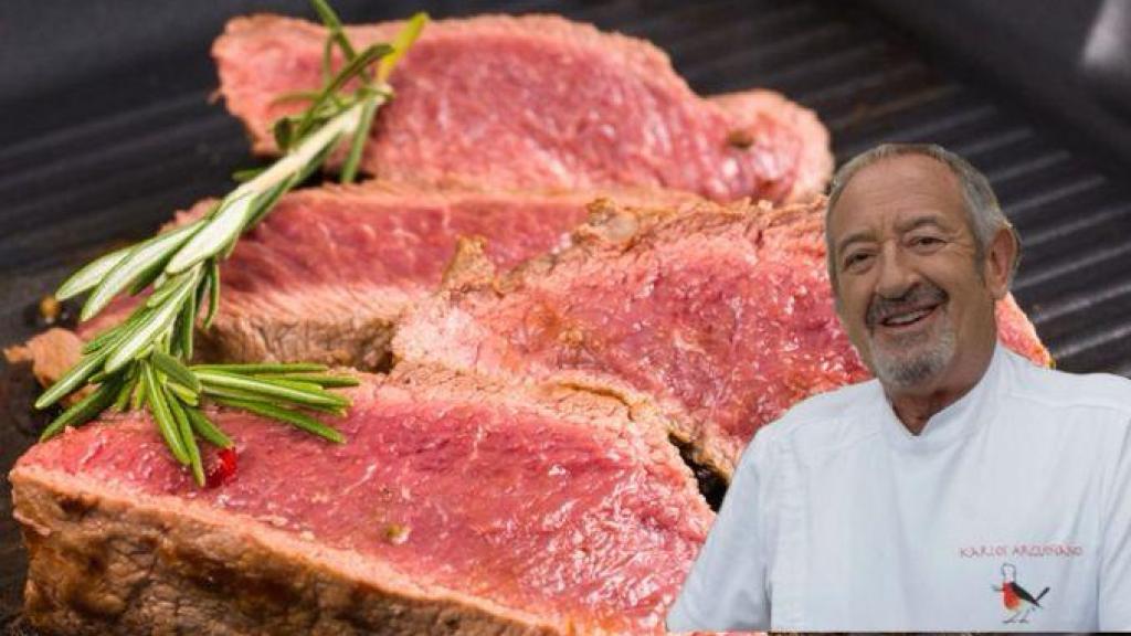 Karlos Arguiñano junto a un filete de hígado a la plancha.