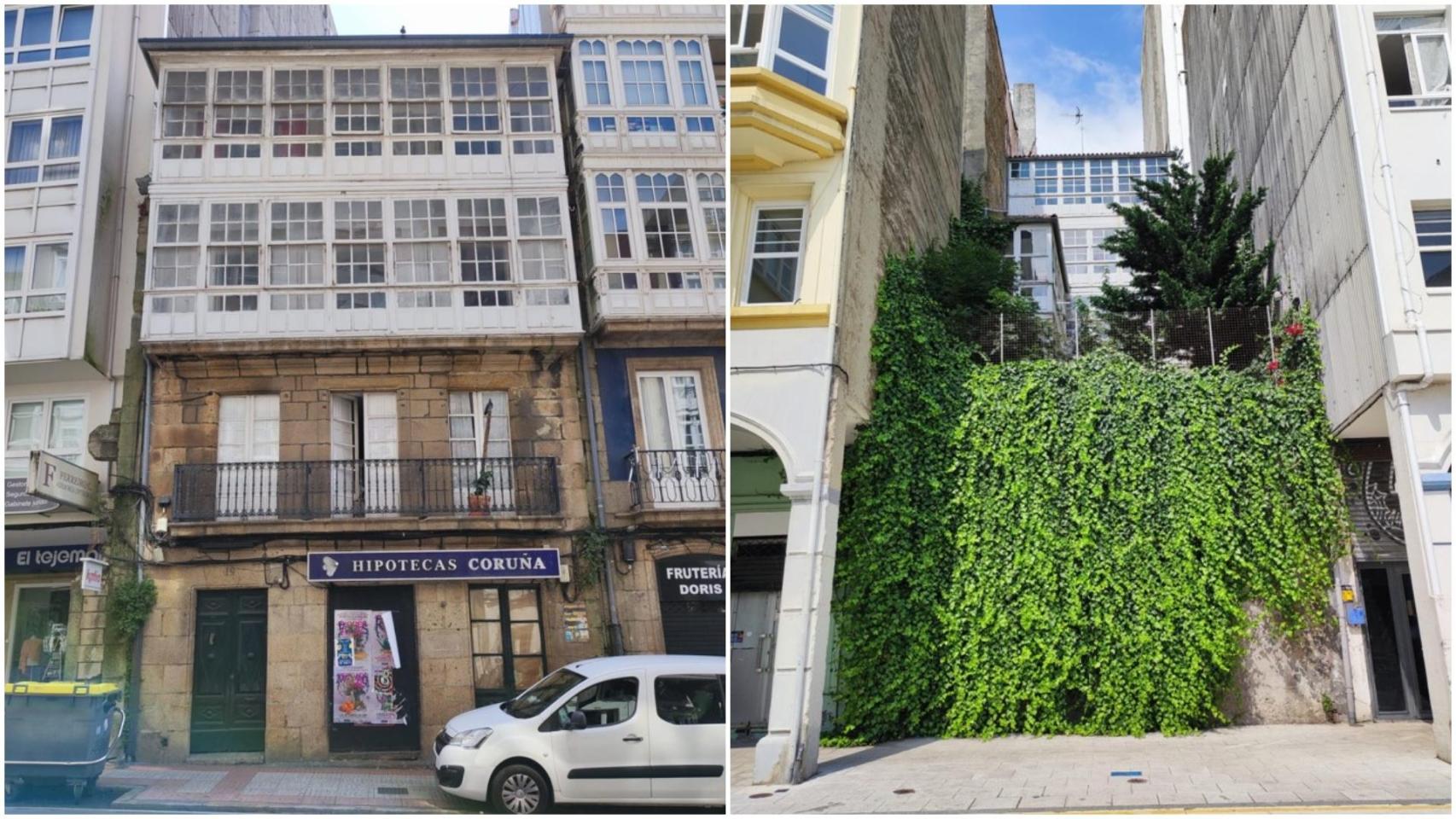 Partes delantera y trasera del edificio del número 19 de la calle Panaderas de A Coruña, que será rehabilitado.