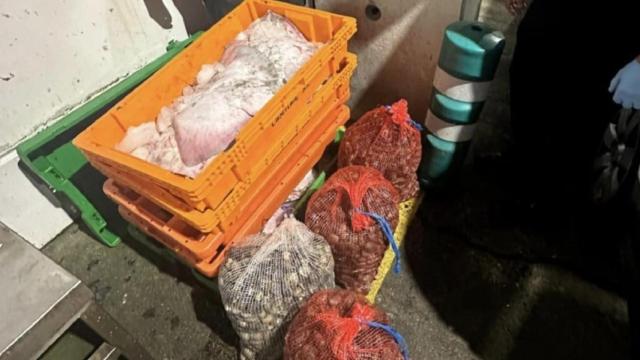 Almejas y raya intervenidas en un control en el puente internacional de la A-55 en Tui.