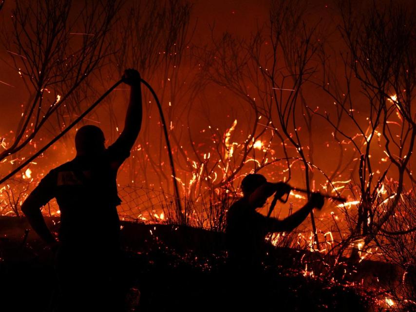 Lugareños intentan apagar un incendio forestal.