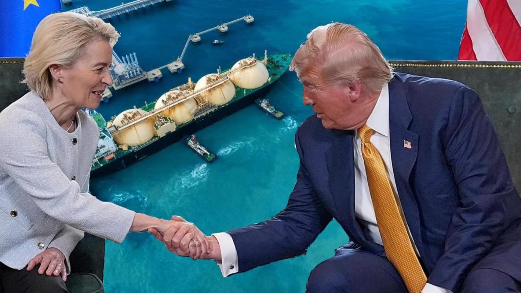 Fotomontaje del presidente de EEUU, Donald Trump, y la presidenta de la Comisión Europea, Ursula von der Leyen, con el fondo de un barco metanero (gas natural licuado o GNL).