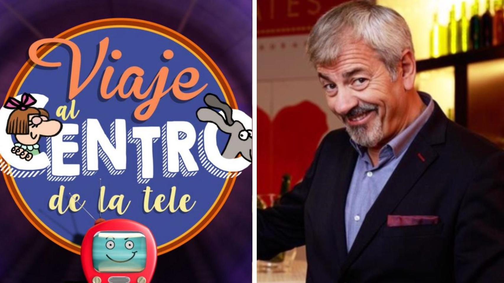 El logo de 'Viaje al centro de la tele' y Carlos Sobera, presentador de 'First Dates'.