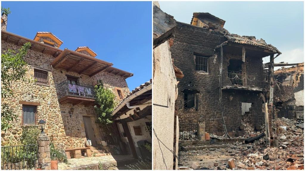El antes y el después del incendio de la vivienda de esta vecina de San Pedro de Cansoles.