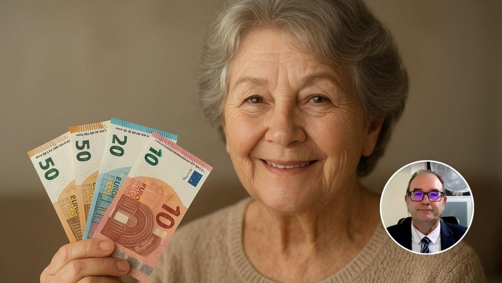 Montaje con mujer mayor con su pensión y Eduardo Bolinches, analista financiero