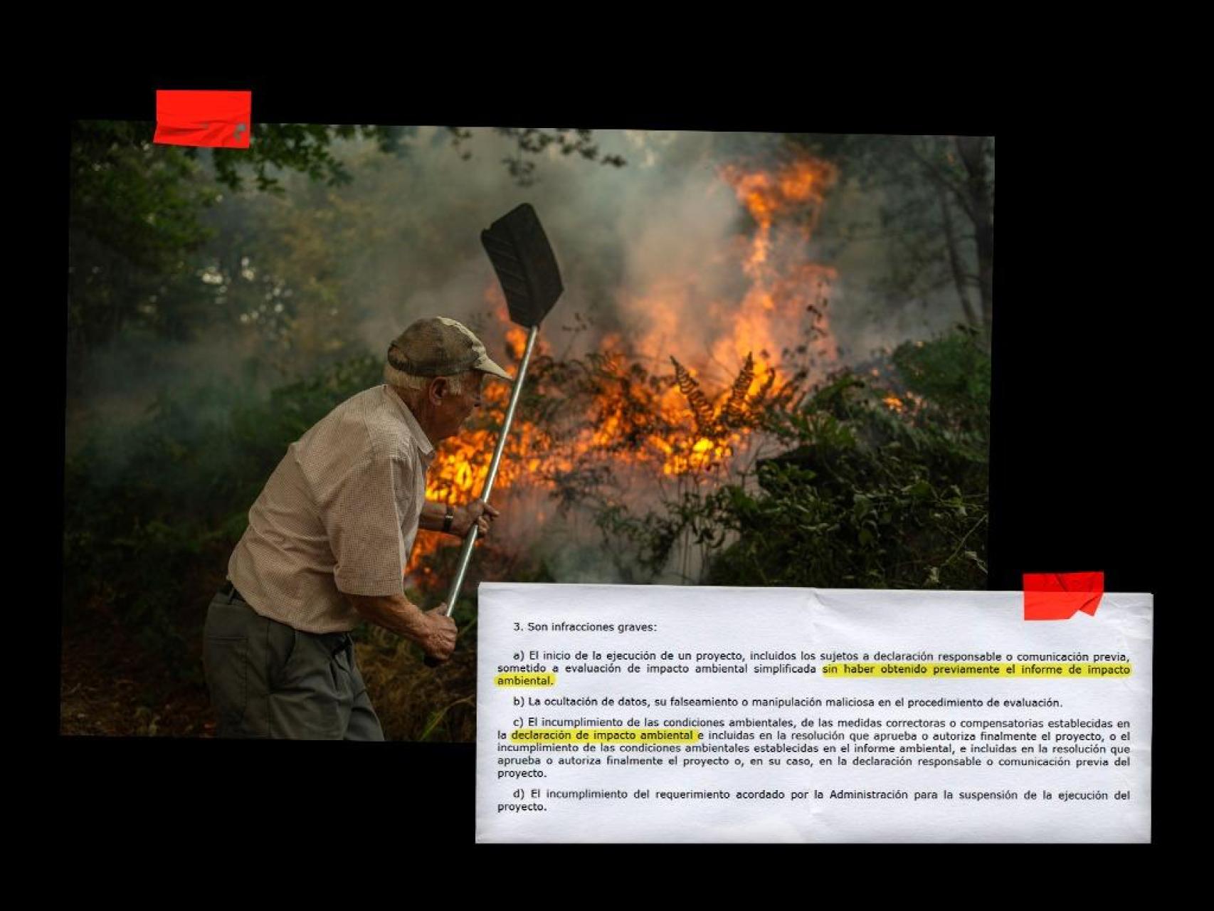 Un vecino de Pareisás (Orense) trata de apagar el fuego con sus propios medios.