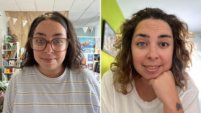 Iris Torrente, en la imagen de la izquierda, tras el trasplante de córnea; a la derecha, antes de haberse sometido a la operación.
