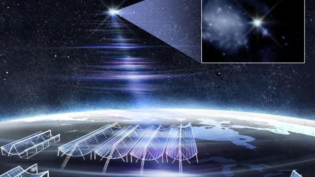 Representación del radiotelescopio CHIME localizando FRB 20250316A