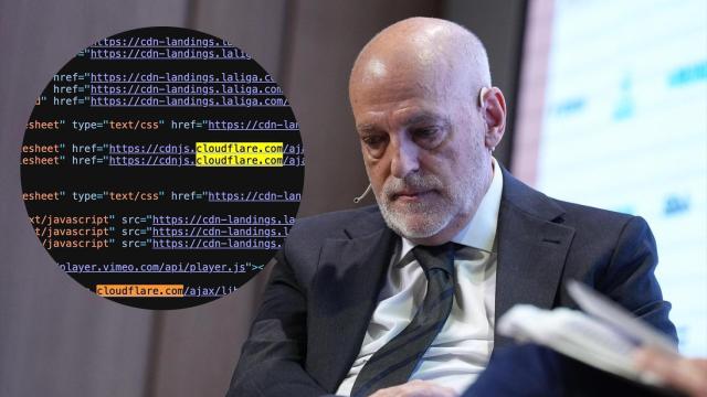 Fotomontaje de Javier Tebas y parte del código fuente de una web de LaLiga usando Cloudflare