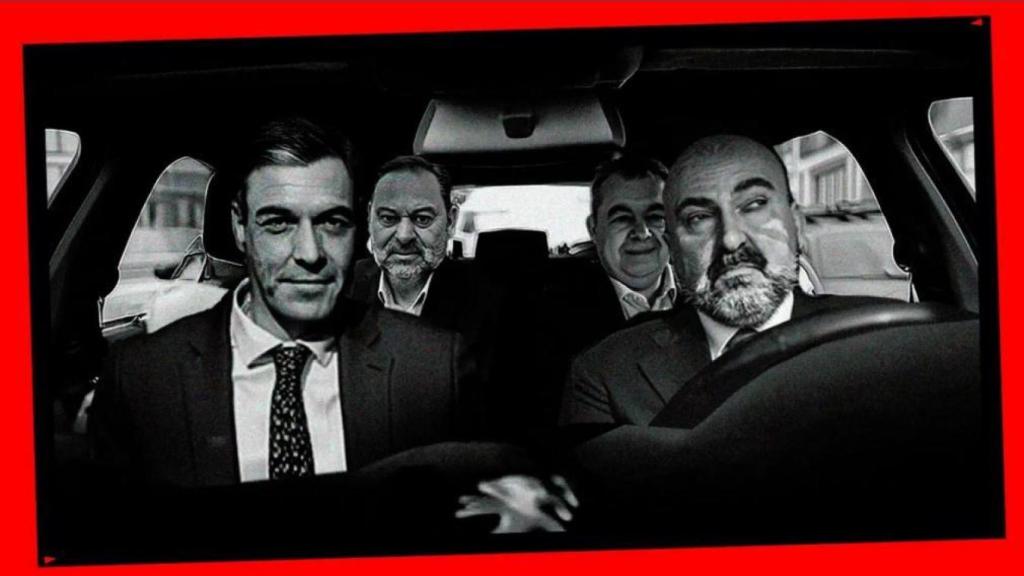 Imagen recreada con IA de Sánchez, Ábalos, Cerdán y Koldo, en el famoso Peugeot de las primarias del PSOE en 2017.