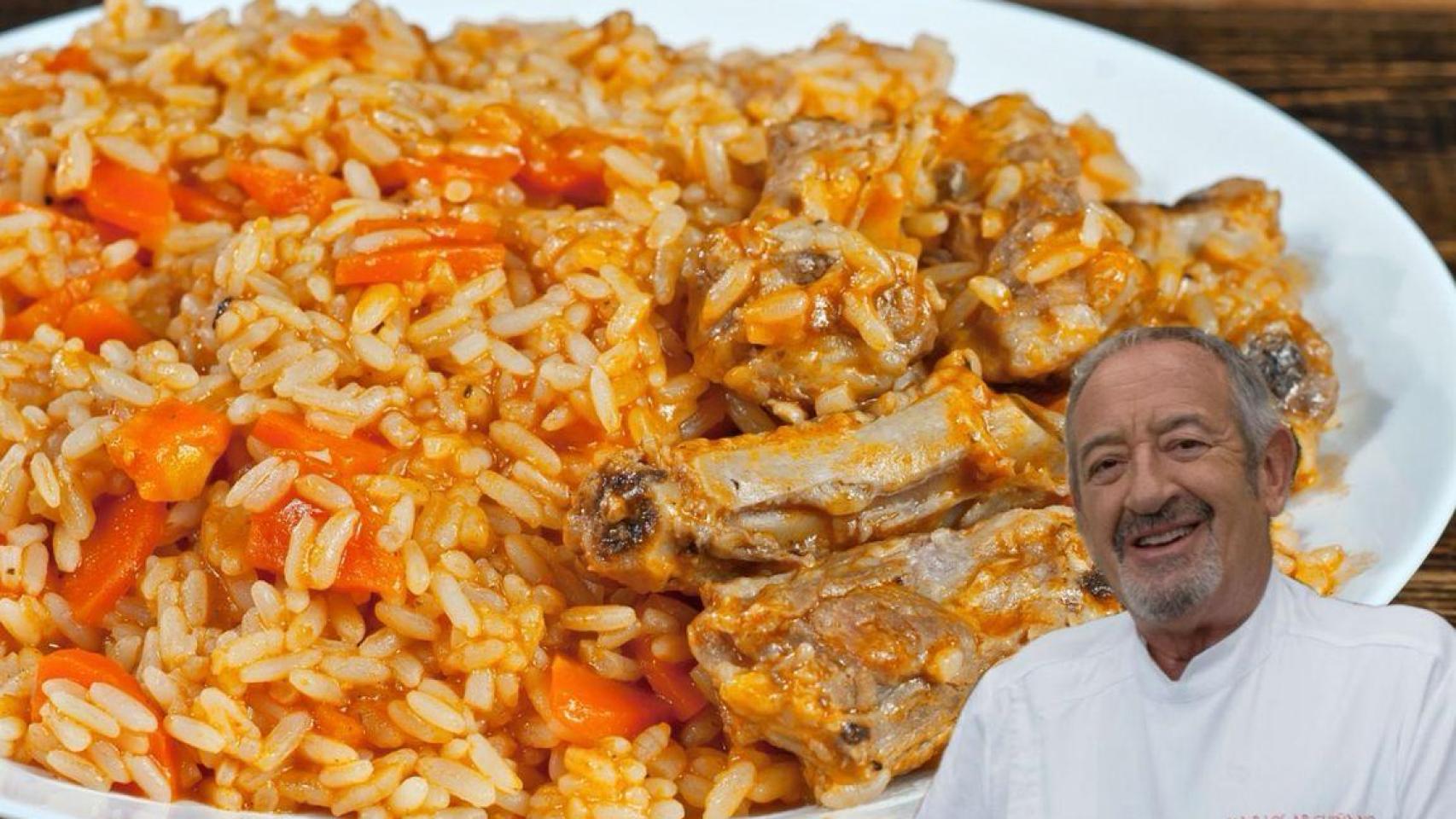 Karlos Arguiñano junto a un plato de arroz caldoso.