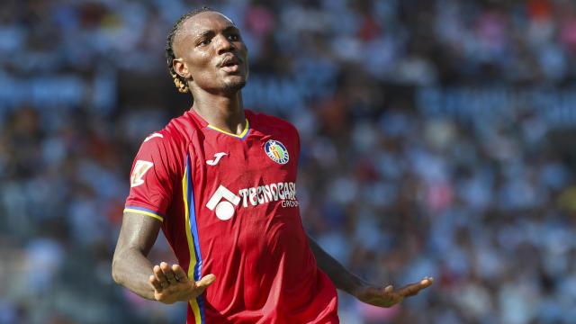 Christantus Uche celebra el gol marcado ante el Celta en Balaídos.
