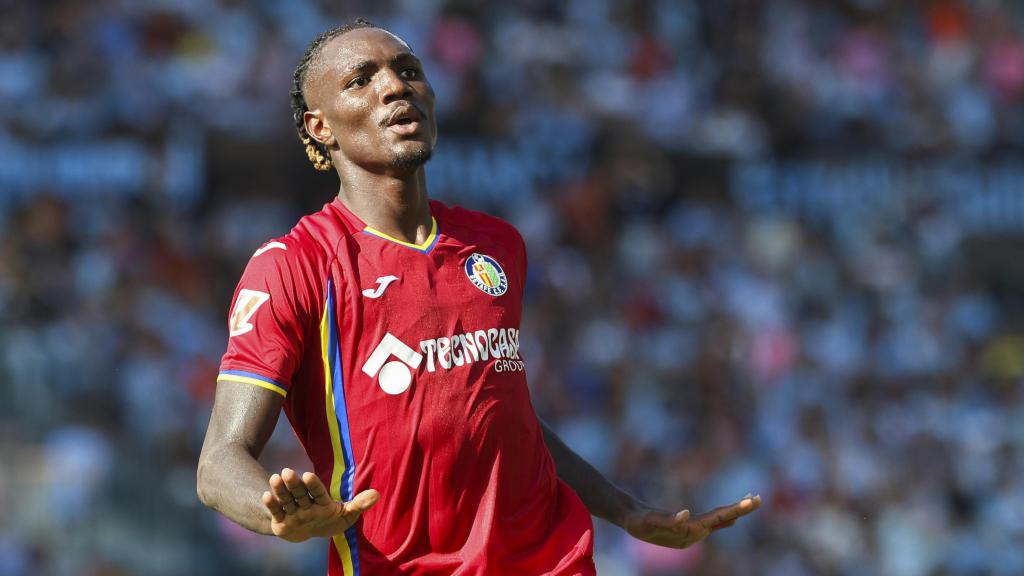 Christantus Uche celebra el gol marcado ante el Celta en Balaídos.