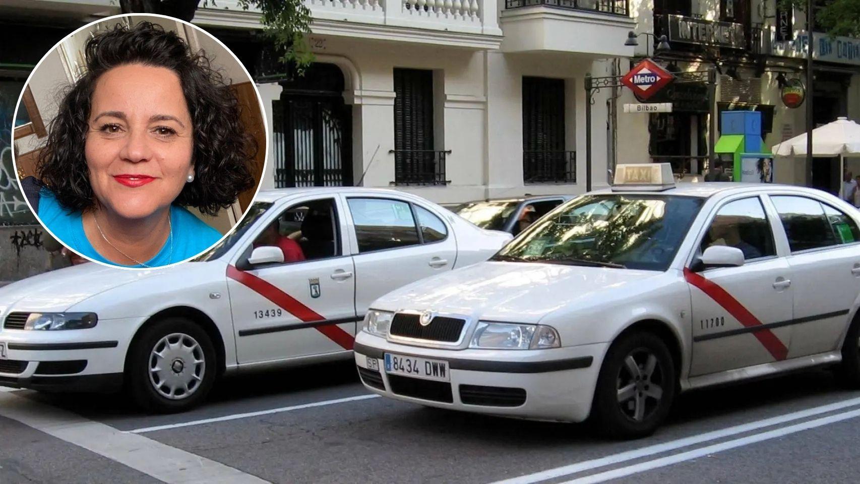 La taxista Roble Puentes y unos taxis de Madrid en un fotomontaje.
