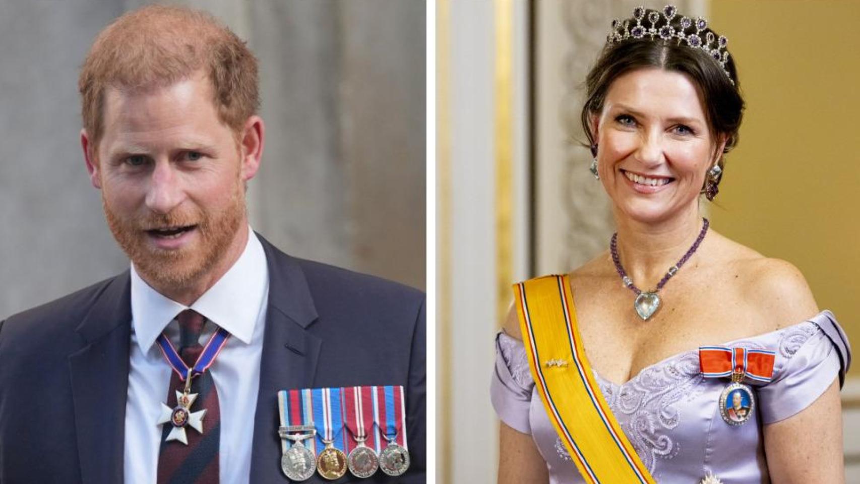 El príncipe Harry y Marta Luisa de Noruega, en un montaje de EL ESPAÑOL.