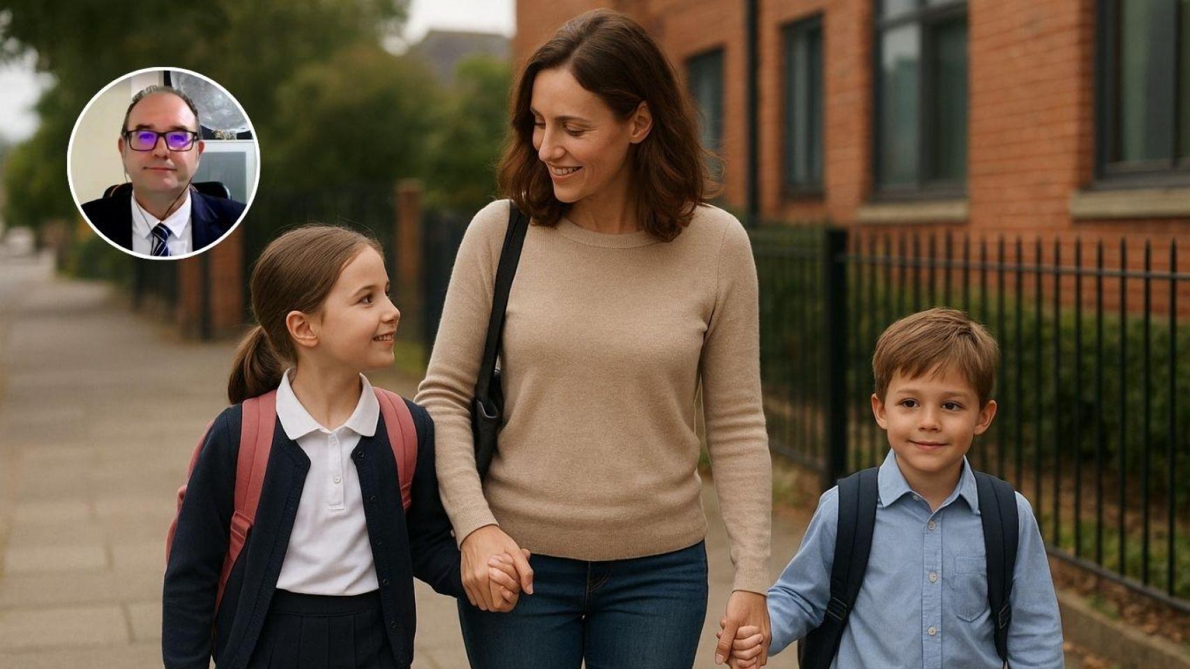 Montaje con madre llevando a sus hijos al colegio y Eduardo Bolinches, economista.