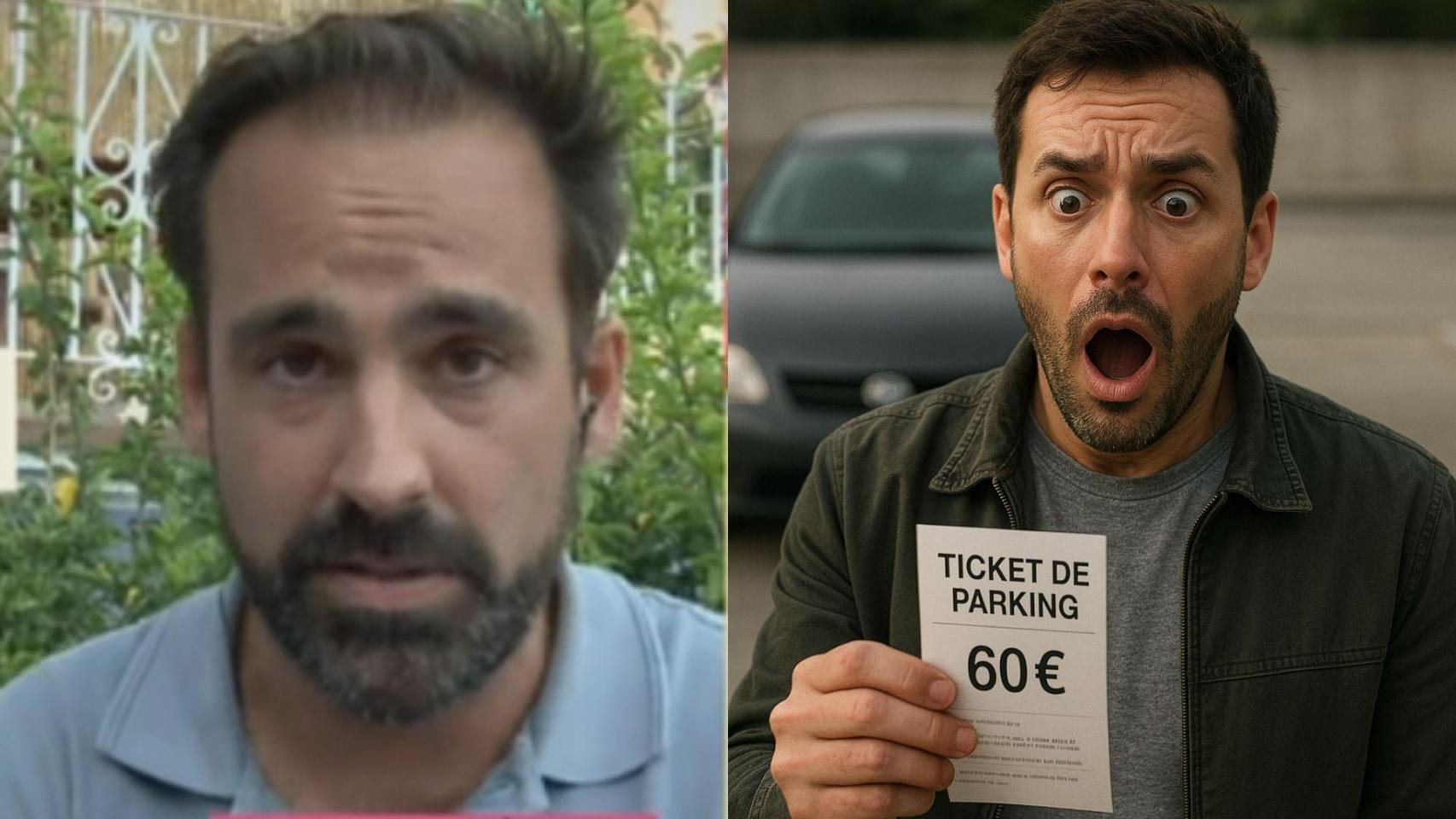 Borja Valencia y una imagen generada por IA de un conductor sorprendido al ver su factura de aparcamiento.