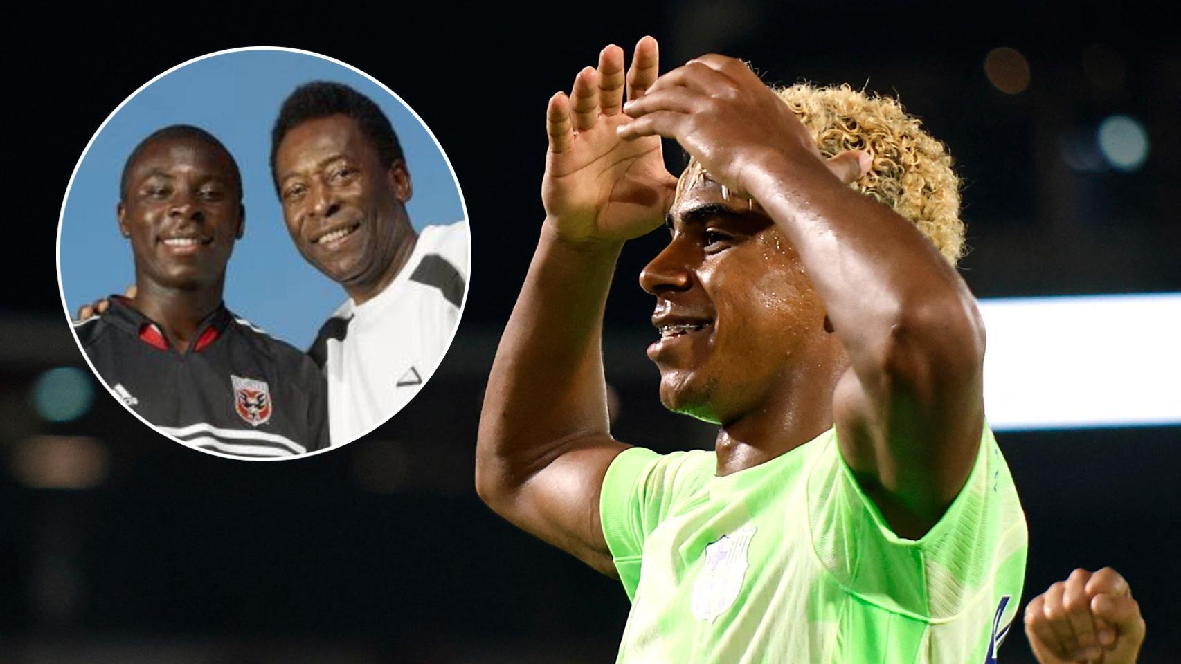 Lamine Yamal, en un collage junto a una imagen de Freddy Adu y Pelé