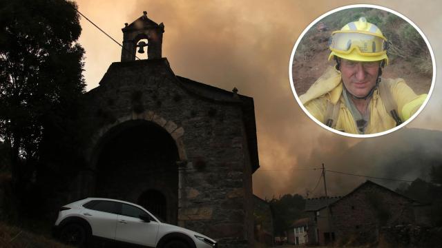 Imagen de la localidad de Fasgar cubierta por el humo (Foto: Peio García - Ical) y, en el círculo, el alcalde pedáneo, Félix García Rubio
