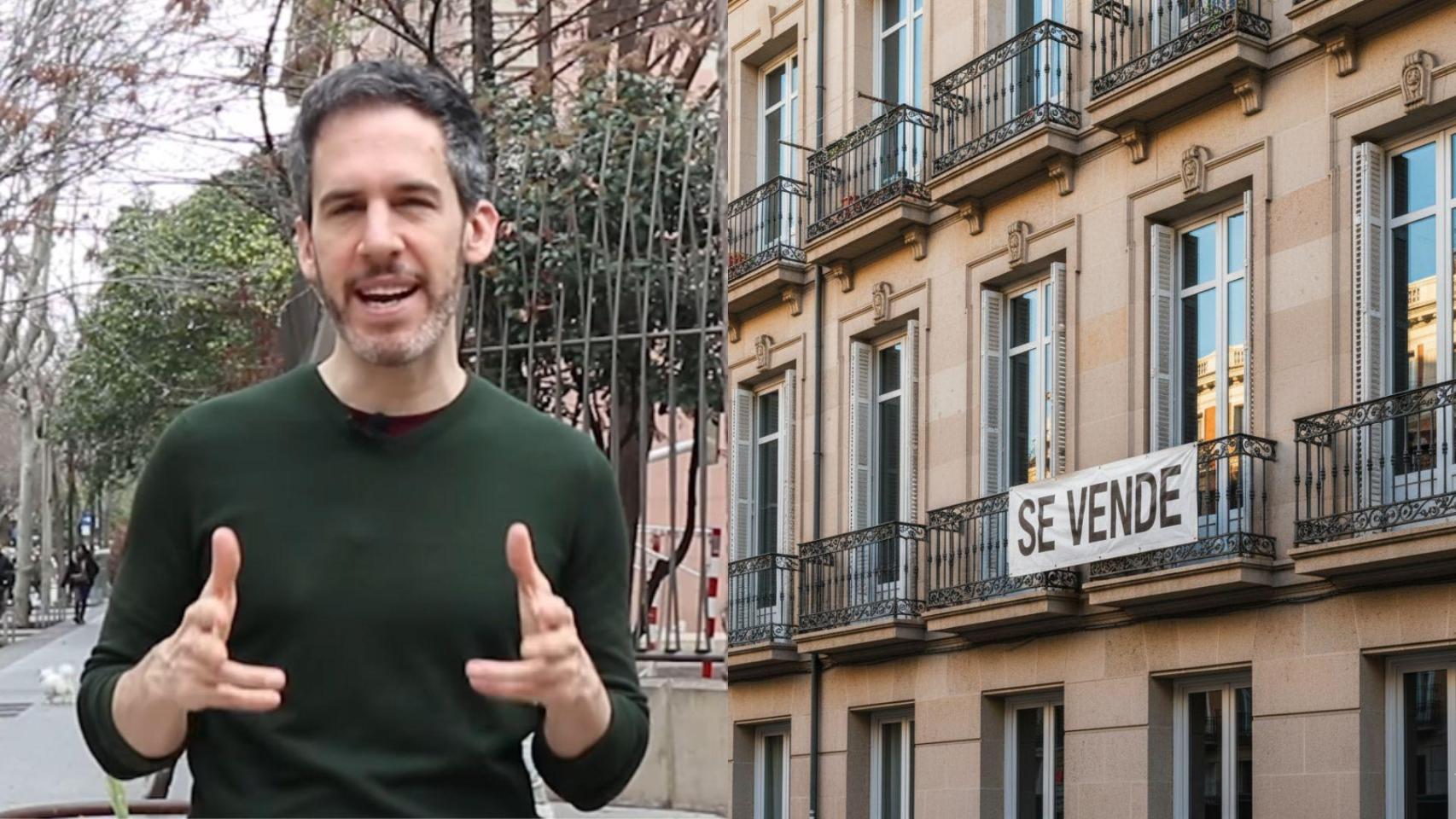 Jaime Palomera, analista inmobiliario, y una imagen generada por IA de varios pisos a la venta.