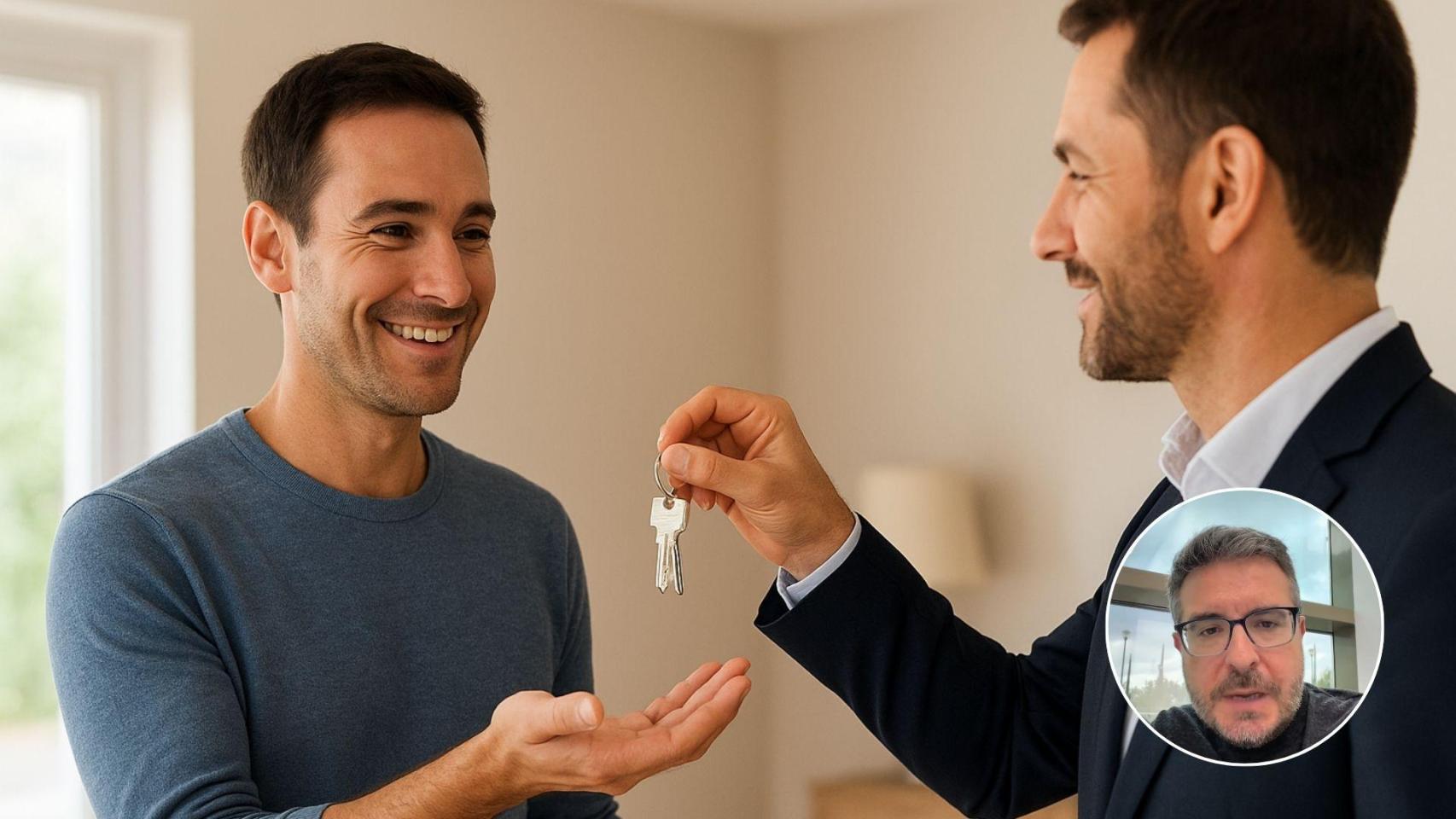 Imagen generada por IA de la compra de una vivienda y el experto inmobiliario, Sergio Gutiérrez.