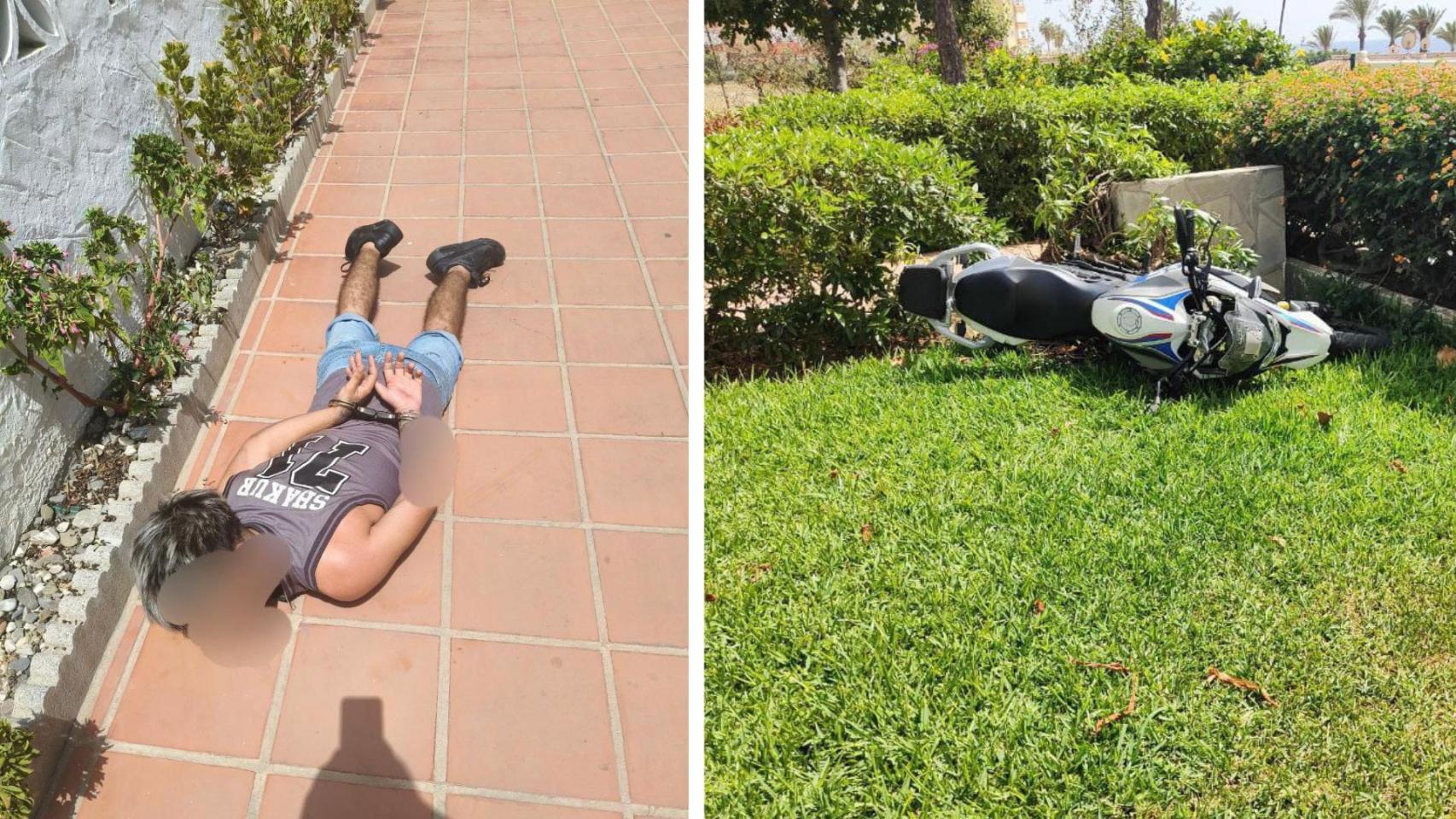 Una imagen de un detenido y la moto policial.