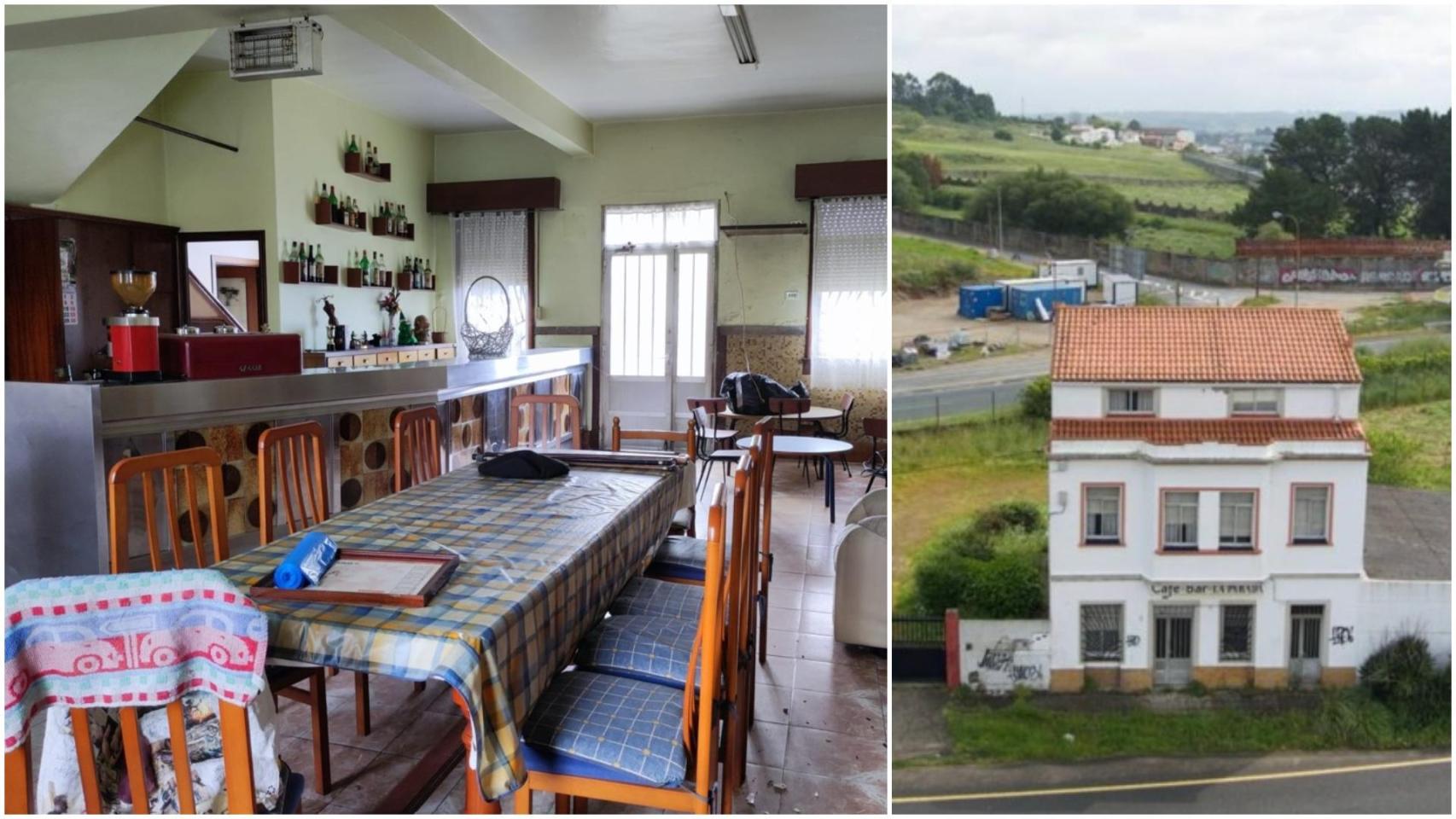 Interior del antiguo bar La Parada e imagen aérea de la casa de Alfonso Molina donde estaba.