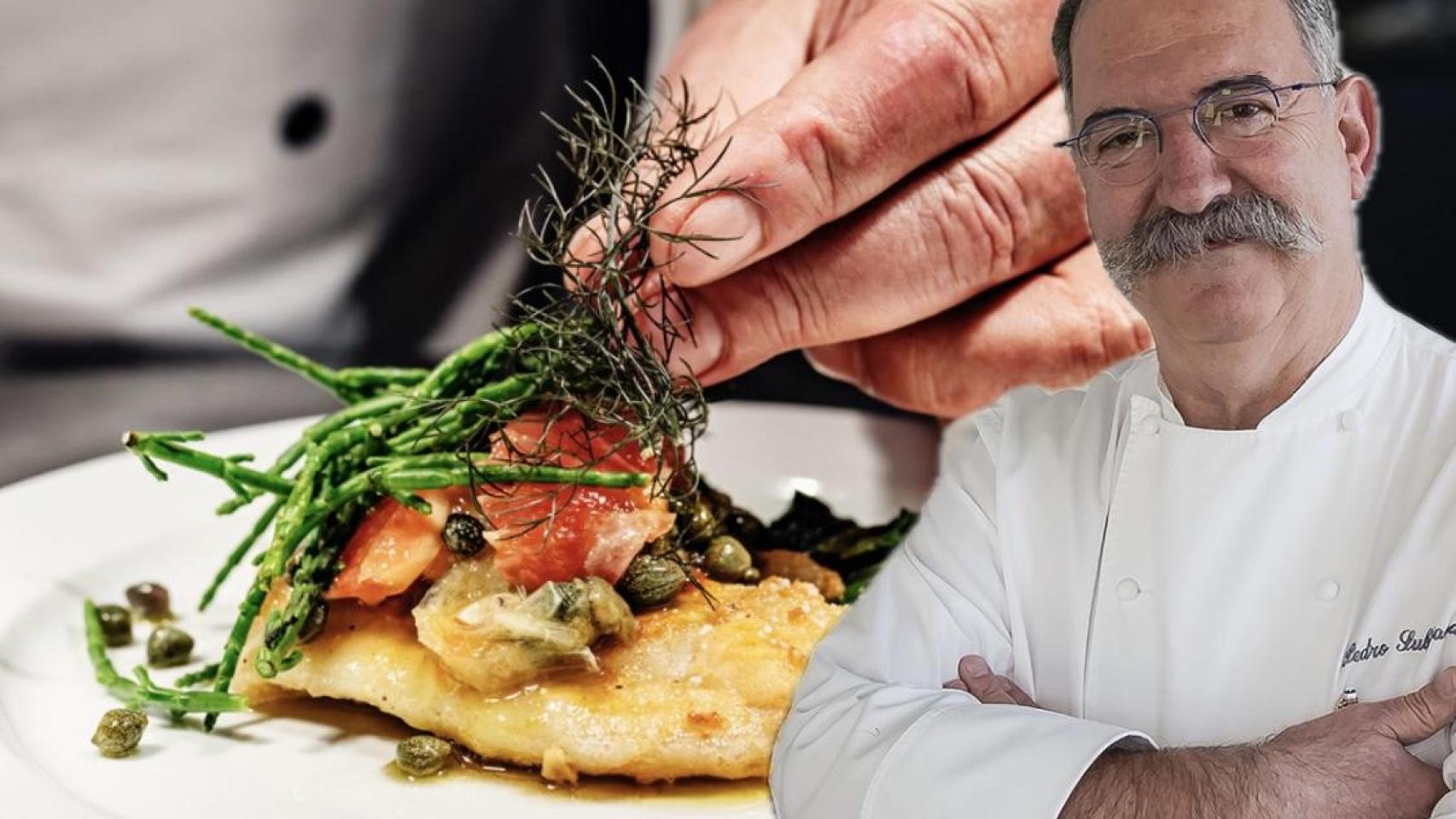 El chef Pedro Subijana y un plato de lenguado.