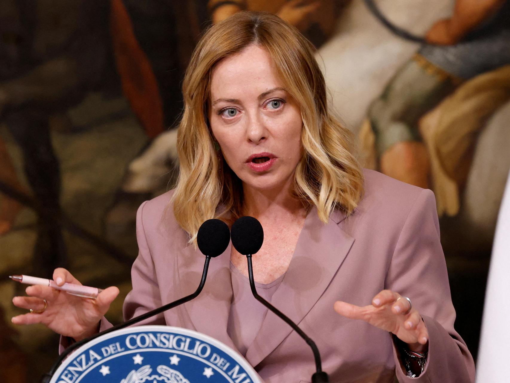 La primera ministra italiana, en mayo, durante una rueda de prensa conjunta con el canciller Merz.