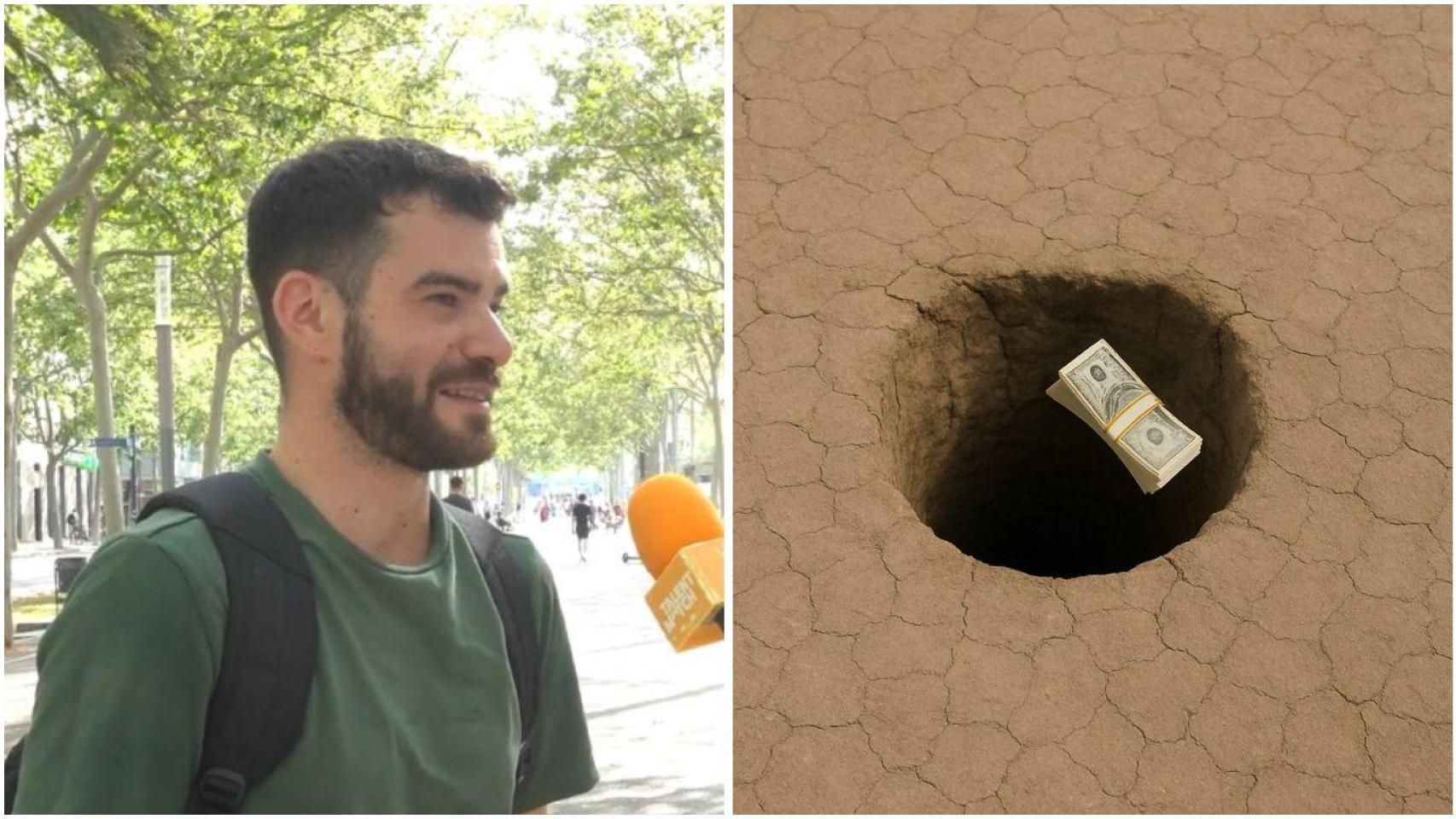 Fotomontaje de un trabajador que responde sobre su salario y un fajo de billetes.