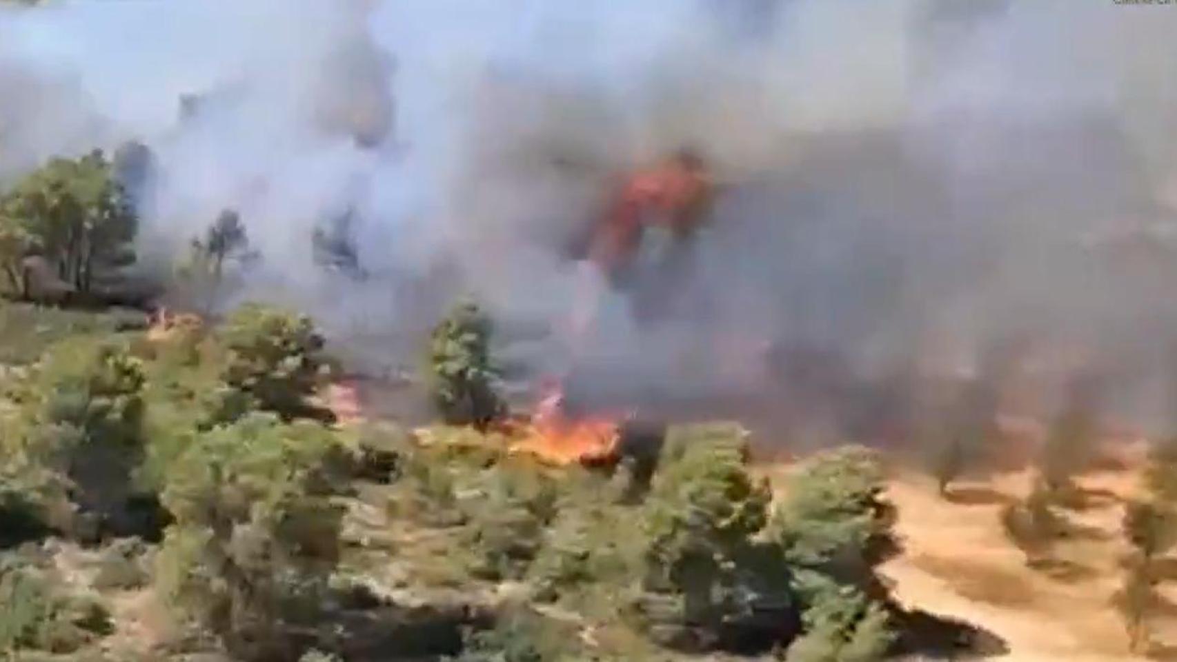 Un incendio declarado en un cerro de Almansa (Albacete) moviliza a medios aéreos y terrestres de extinción
