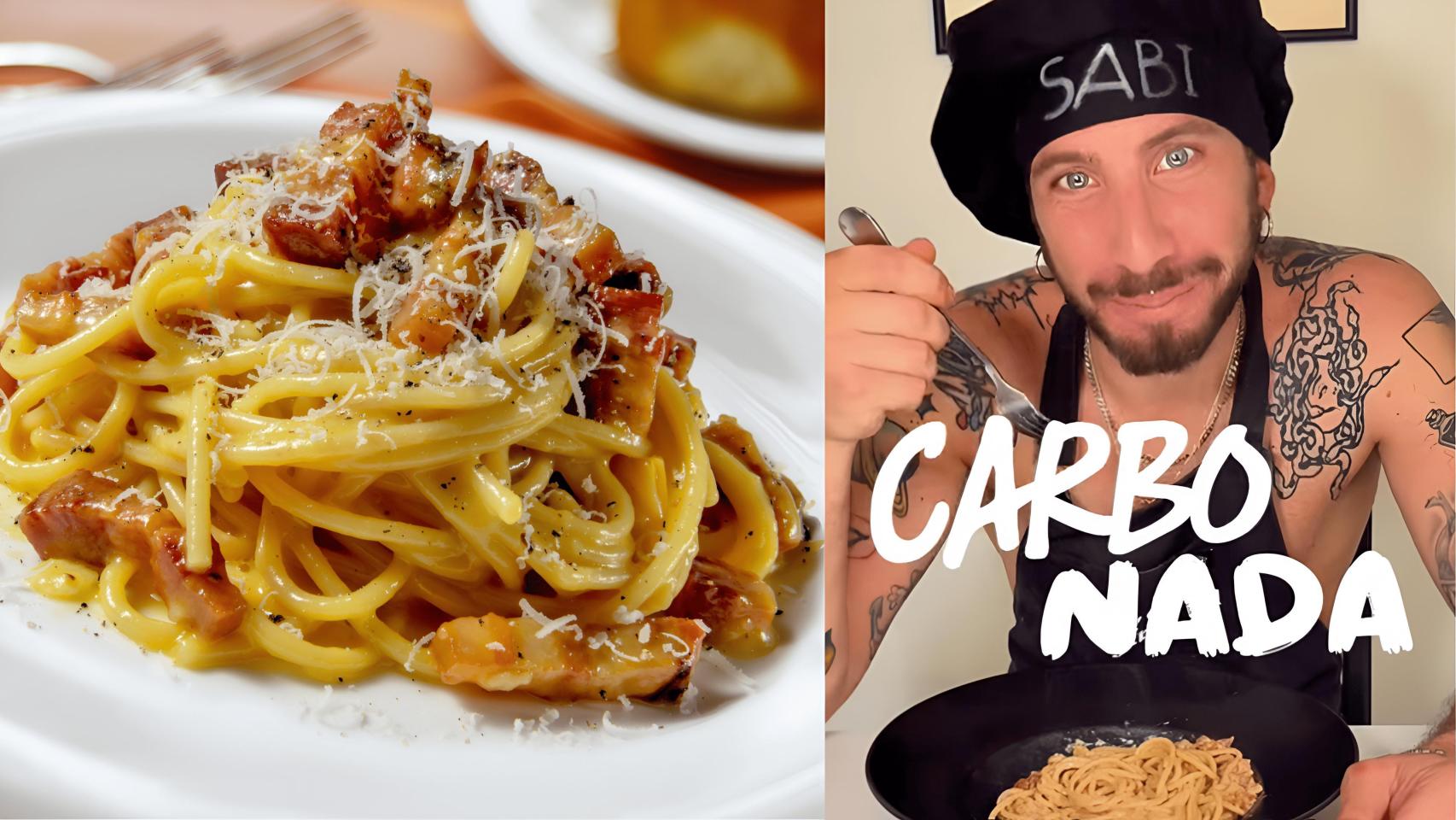 Un plato de pasta carbonara y el chef Sabi.