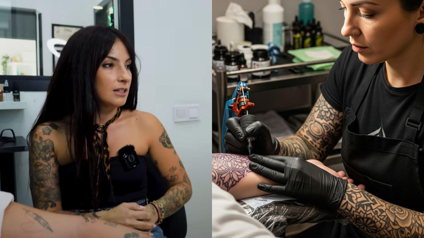 Imagen de Lorena, tatuadora y una imagen generada por IA de una tatuadora.