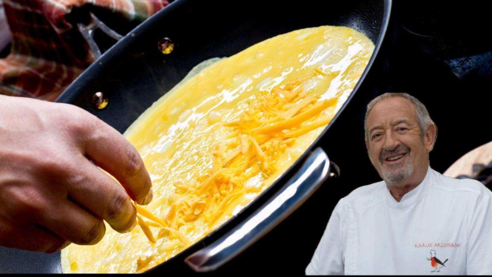 Karlos Arguiñano, sonriente, junto a una tortilla al fuego.