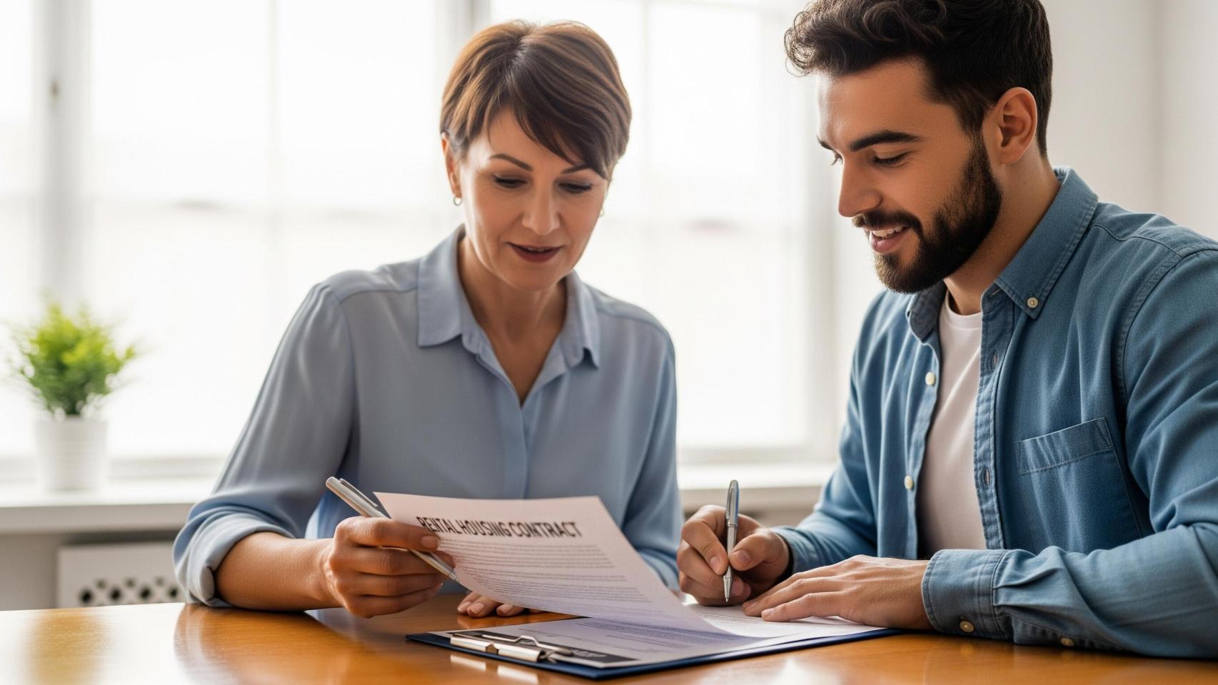 Persona firmando un contrato de alquiler en una imagen creada con IA.