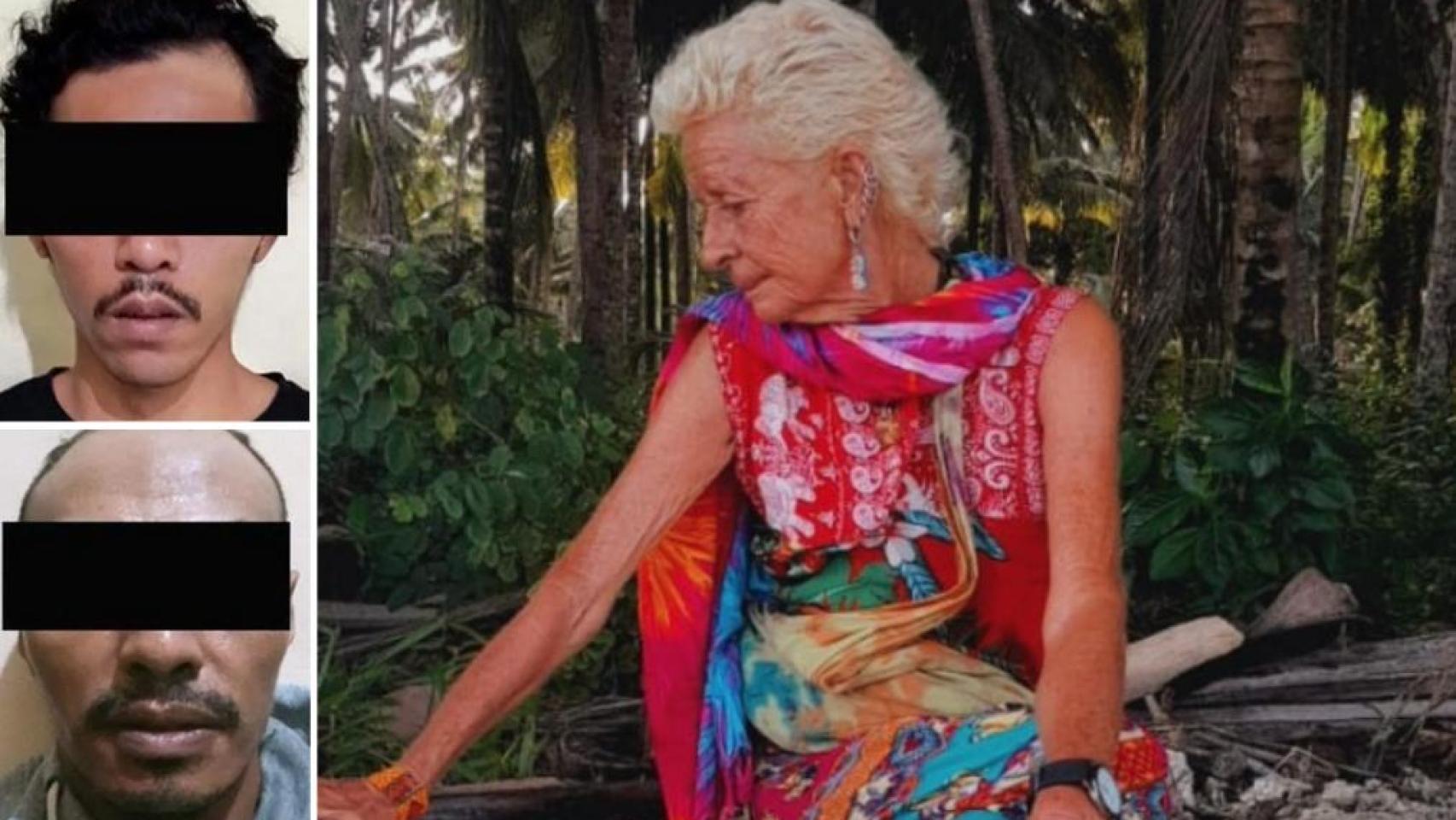 A la izquierda, los sospechosos del asesinato de Matilde Muñoz; a la derecha, Mati en uno de sus viajes por el sudeste asiático.